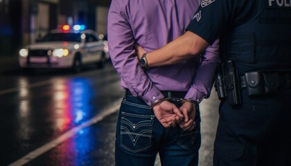 A police officer places a man in handcuffs on a city street at night, with a patrol car visible in the blurred background. © Varos