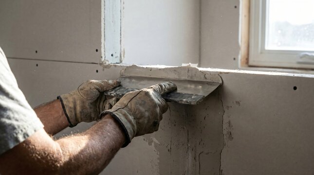 A construction worker applies plaster to a wall near a window with a trowel in a room under renovation with skilled hands.