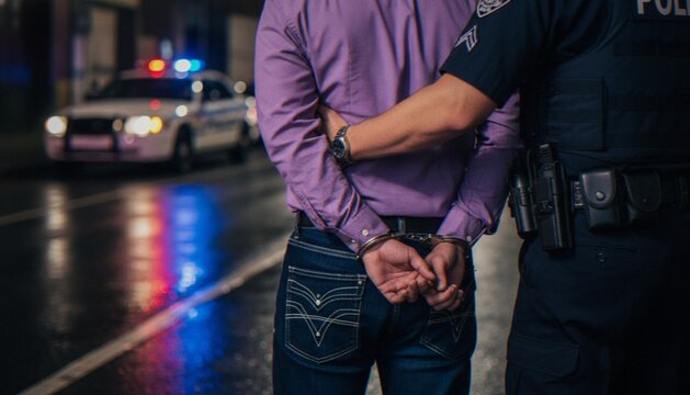A police officer places a man in handcuffs on a city street at night, with a patrol car visible in the blurred background.