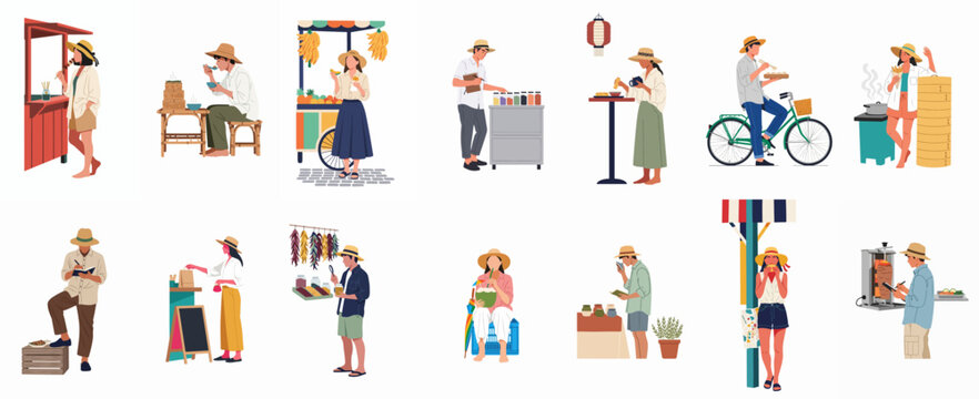 Diverse collection of people enjoying international street food culture, exploring markets, and tasting local delicacies in various flat vector illustrations.