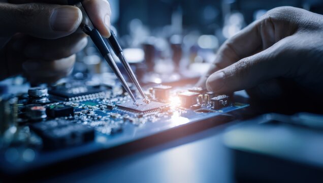 基板を修理する技術者の手元