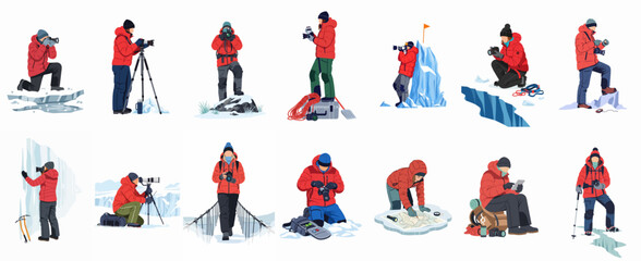 Collection of illustrations featuring professional photographers and explorers documenting expeditions in extreme winter mountain and arctic environments. © Telu