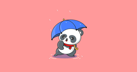 Cute cartoon panda holding blue umbrella in rain with pink background. © FARUK