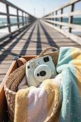 Fototapeta premium Woven beach bag with instant camera and striped towel on sunlit boardwalk