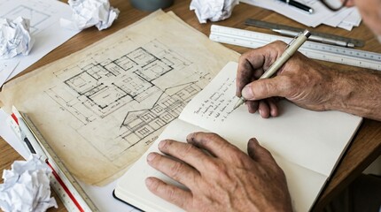 Naklejka premium Architect's hands working on a detailed building plan with a pencil and notebook on a wooden desk surrounded by crumpled papers and drafting tools.