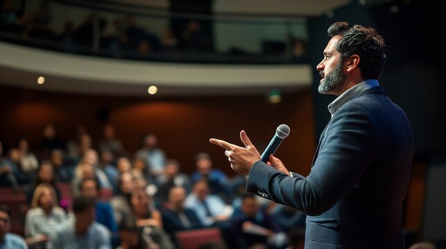 Confident Businessman Giving Presentation to Audience in Auditorium