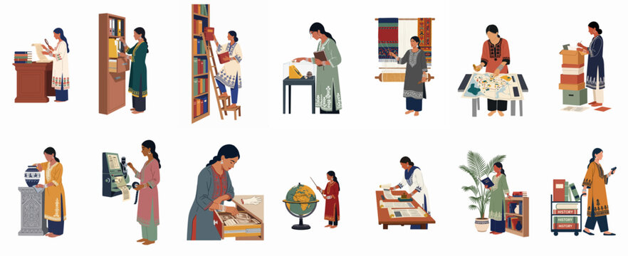Collection of illustrations depicting South Asian women working as historians, archivists, librarians, and researchers in various academic and cultural settings.