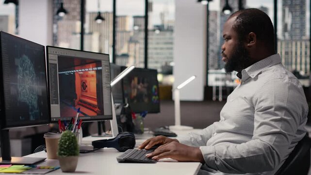 Black worker creating fantasy video game with AI neural networks systems, using advanced development software. Engineer working with programming tools and gaming assets, building virtual world.