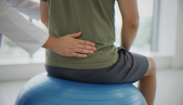A physical therapist examines the lower back of a patient sitting on a blue exercise ball in a clinic.