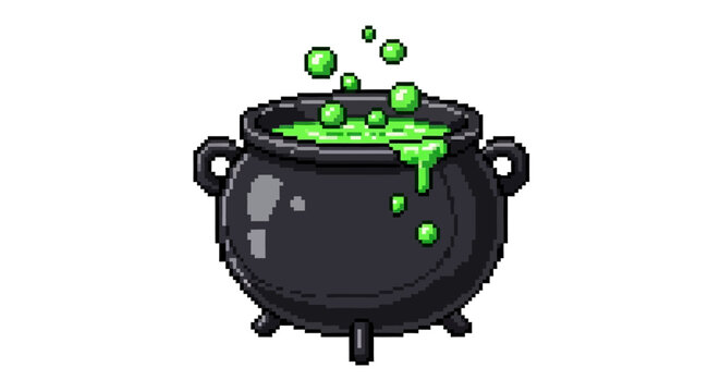 Mysterious bubbling cauldron with green potion and steam.