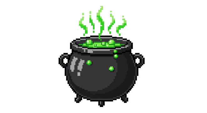 Mysterious Green Potion Bubbling in a Black Cauldron.