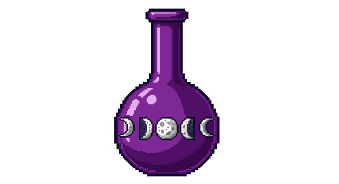 Mystical Purple Potion Bottle with Moon Phases Design.