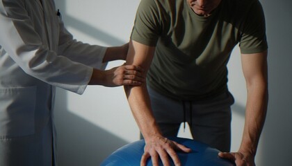 A close-up shot of a physical therapist guiding a patient through an exercise using a blue stability ball during a rehabilitation session. © Varos