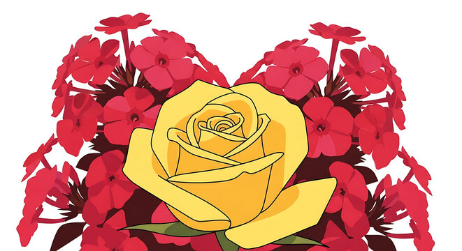 Yellow rose in heart shape made of red phlox flowers, pixel art style, isolated on white
