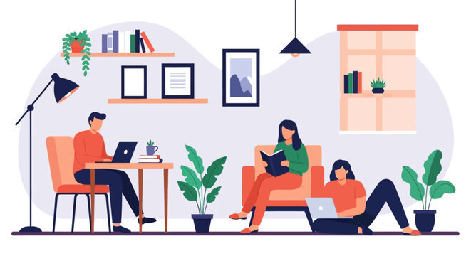 People working and relaxing in a cozy home environment.