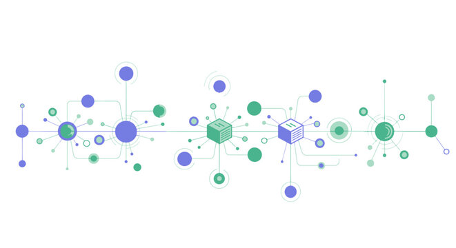 Geometric network connection banner with blue and green nodes