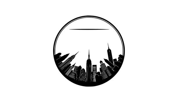 New York City skyline silhouette badge vector with iconic buildings black white logo style