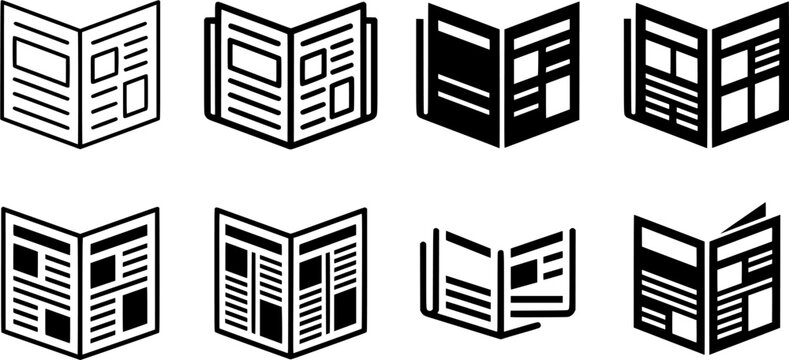 Open newspaper outline sketch showing layered pages with news content sections and text, symbolizing journalism, current events, and communication media for various projects.