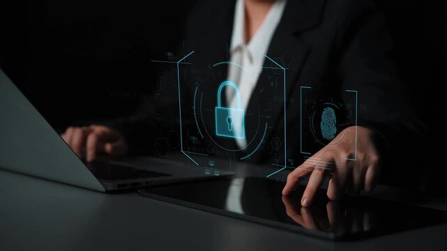 Digital cyber security lock system highlighting data security encryption, cyber password protection, fingerprint ID, cloud storage safety, and cyber security for online access Marrow