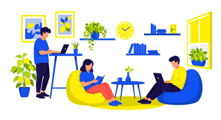 Obraz premium People working and relaxing in a modern co-working space.