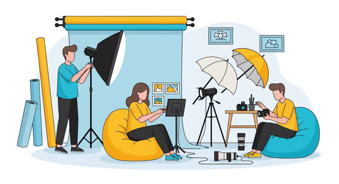 Photography studio setup with people and equipment.