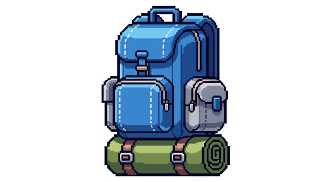 Pixel Art Blue Backpack with Rolled Sleeping Mat.