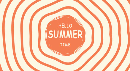 Abstract organic orange concentric wave background. Hand drawn rough circular lines, warm retro sun motif, solid text badge. For summer seasonal greeting postcards. Vector graphic art. © MH HASIB