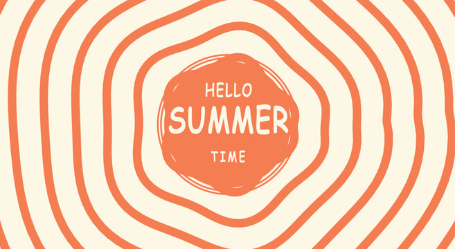 Abstract organic orange concentric wave background. Hand drawn rough circular lines, warm retro sun motif, solid text badge. For summer seasonal greeting postcards. Vector graphic art.
