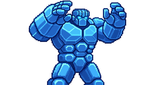 Pixel Art Blue Golem Character Design.