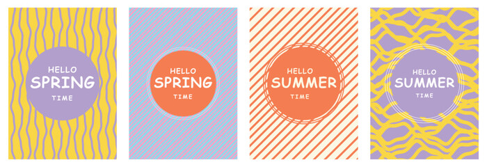 Hello, Summer vintage minimal wavy vertical poster set. Yellow, purple, orange, wavy lines, abstract animal print, solid circular text boxes. For modern spring summer greeting cards. Vector graphic. © MH HASIB