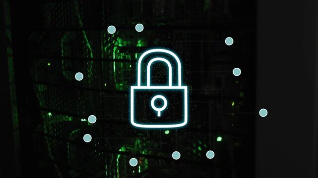 Animated padlock icon morphing into locked padlock and growing network nodes over server rack mesh