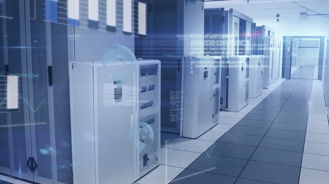 White cabinet, server racks receiving scan, animated HUD bars, code, globe emerging for tech ops