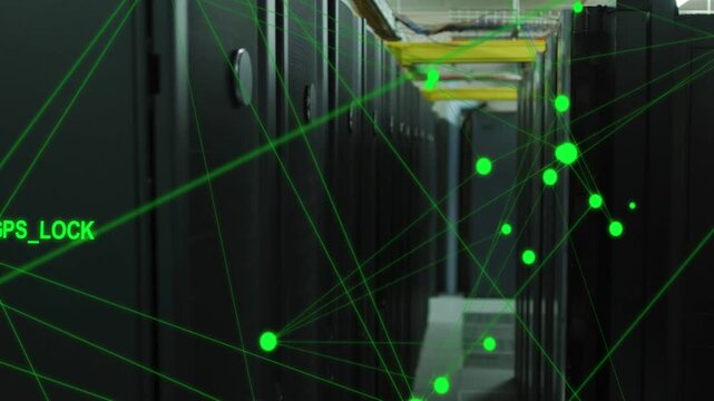 GPS_LOCK label appearing, green nodes forming and connecting mesh down aisle, showing GPS_LOCK