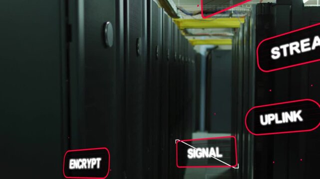 Server rack corridor receiving animated badges sliding in and pulsing, showing network signal flow