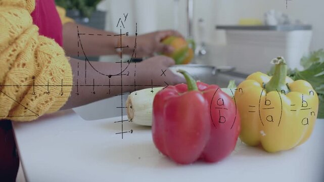 Home cook lifting green pepper from sink toward board, preparing food dish, math formulas appearing