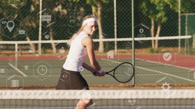 Woman doing twohanded backhand returning opponent shot while sports hex UI icons overlaying player
