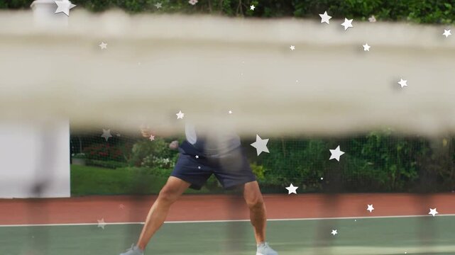 Senior man shifting, hitting tennis backhand as ball causing star overlay obscuring him returning