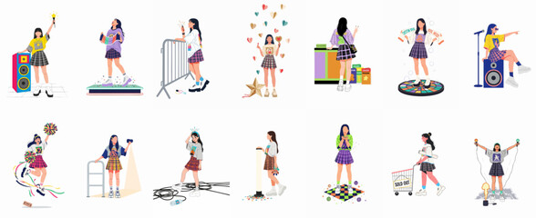 Fototapeta premium A collection of diverse young female fans enjoying a music concert, cheering with light sticks, taking photos, and buying merchandise in flat vector style.