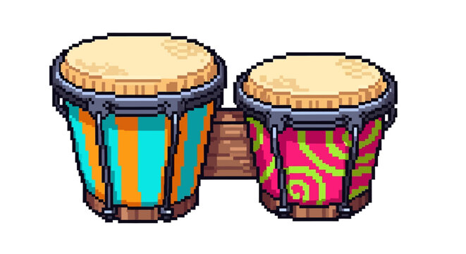 Pixel Art Bongos Drum Set with Vibrant Patterns.