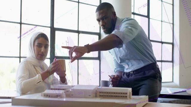 Woman architect holding mug, man lead pointing, refining model, purple sketches reflecting on pane