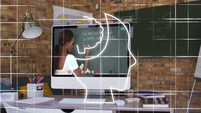 Monitor teacher writing formulas, grid appearing, neon head sketching with AI brain for education