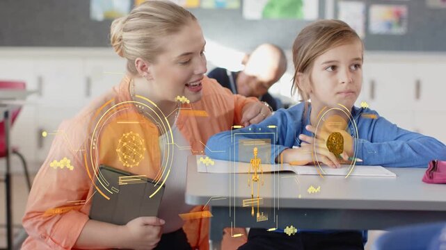 Teacher tapping tablet guiding child in class gold AR brain bones hovering child reading for help