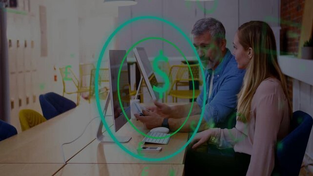 Man offering device to woman, woman tapping keyboard under teal currency icon showing finance demo