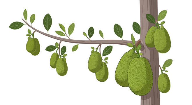 Jackfruit tree branch with multiple green unripe jackfruits and leaves, isolated on white background