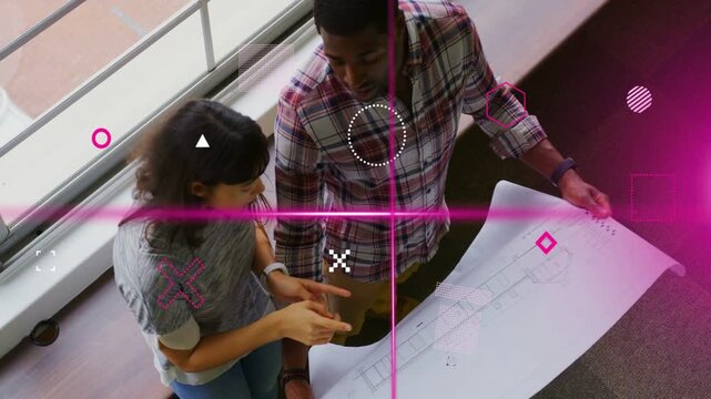 Design team raising hand causing magenta sweep crossing hands holding plan tracing lines for review