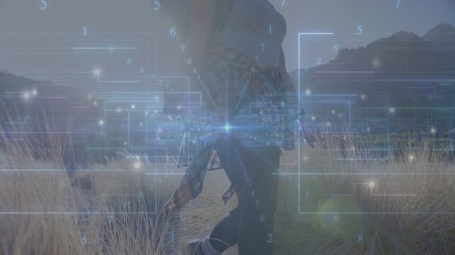 Female hiker walking trail, stepping and brushing grass, camera tracking tech HUD node toward ridge