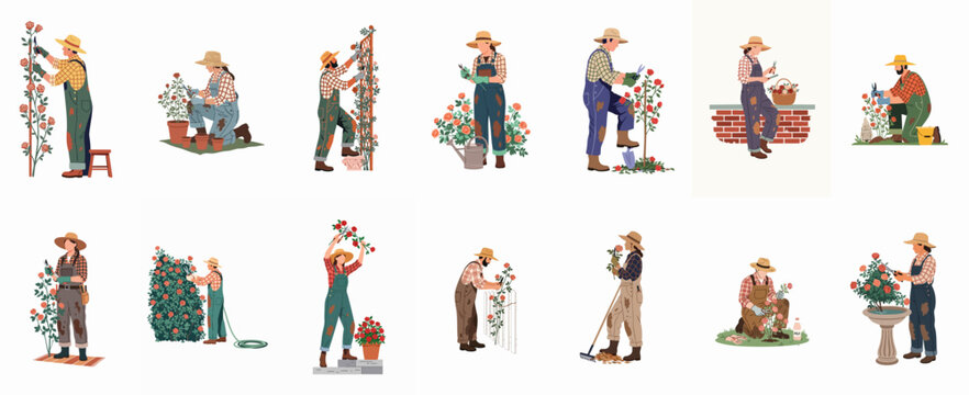 Collection of flat vector illustrations depicting various gardeners in overalls and straw hats pruning, watering, and tending to rose bushes and flowering plants.
