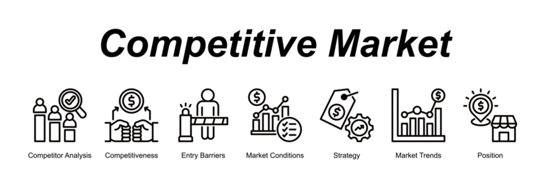 Competitive Market banner web icon vector illustration concept with an icon of Competitor Analysis, Competitiveness, Entry Barriers, Market Conditions, Strategy, Market Trends, Position 