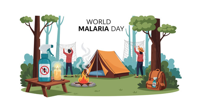 On World Malaria Day, a vector illustration depicts people setting up mosquito nets at a campsite near a forest and a bottle of insect repellent on a table, promoting global health