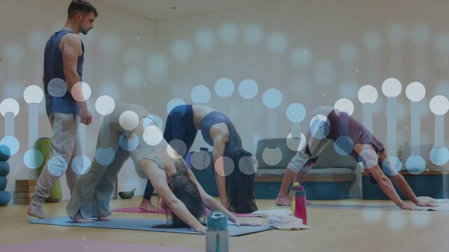 instructor walking mats guiding while yoga class holding down dog with bokeh appearing then fading